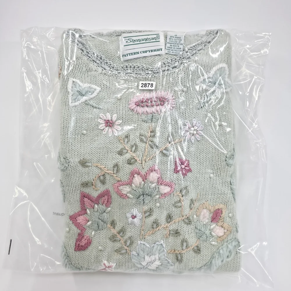 Vintage Streanigans Embroidered Sweater Womens M Sage Cottagecore Fairycore